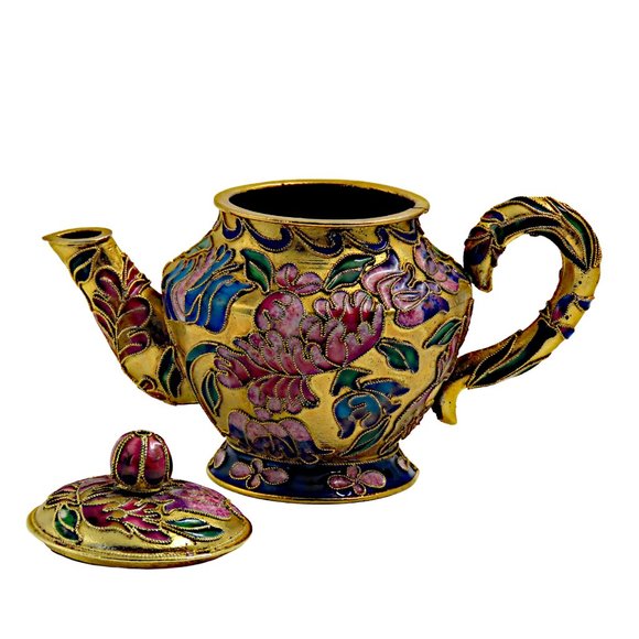 Vintage Small Cloisonné Hand-Painted and Enamel Gold Gilt Teapot and Lid - Picture 8 of 9